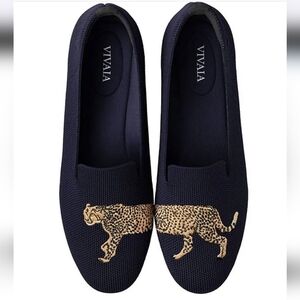 Vivaia Navy Cheetah Audrey Stretch Knit Loafers 6